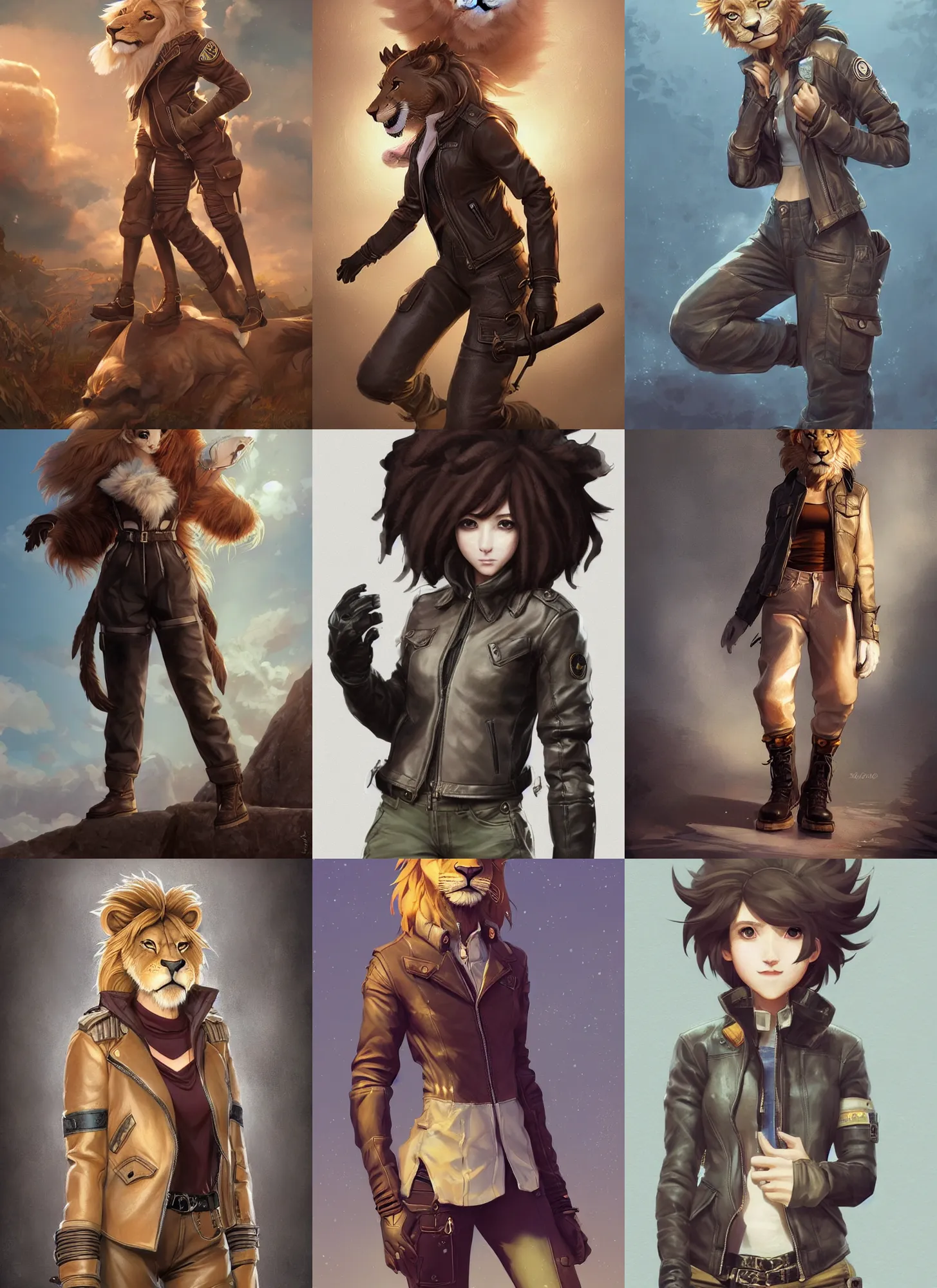 Prompt: beautiful portrait of a female anthropomorphic lion fursona wearing a leather jacket. leather gloves. leather boots. cargo pants. pocket chain. character design by charlie bowater, ross tran, artgerm, and makoto shinkai, detailed, soft lighting, rendered in octane