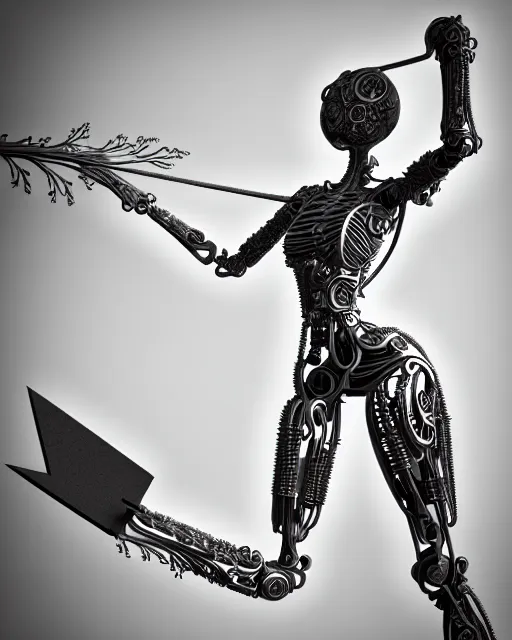 Prompt: mythical black and white organic bio-mechanical stick figure. Waving an axe into the camera. detail of mechanical beautiful female angelic-vegetal-cyborg, highly detailed, intricate steampunk ornate, poetic, 3D render, digital art, octane render, 8K artistic photography, photo-realistic, by Dora Maar