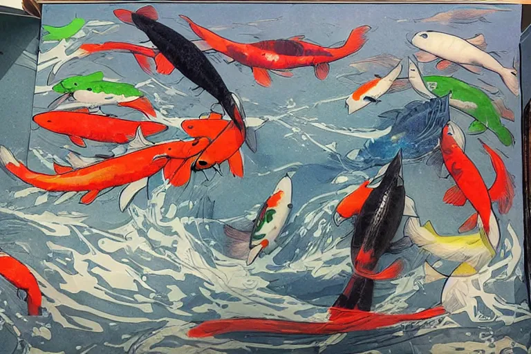 Image similar to inspecting a shipment, the box is full of water and koi. art in the style of vincent di fate.