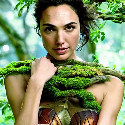 Prompt: Portrait of the beautiful woman Gal Gadot as a dryad, she has those characteristic sparkling green eyes, she is looking straight to the camera, she has a glow coming from her, she is getting illuminated for rays of light, behind her is an ancient forest full of life, the photo was taking by Annie Leibovitz, Ellie Victoria Gale and Steve McCurry, matte painting, oil painting, naturalism, 4k, 8k