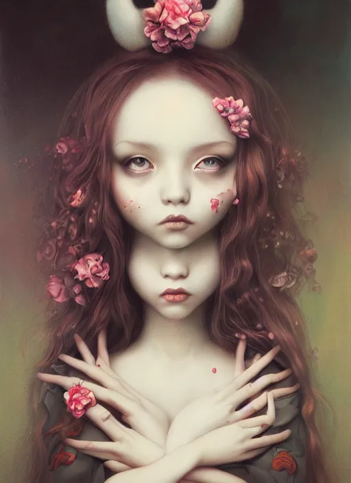 Prompt: pop surrealism, lowbrow art, realistic cute alice girl painting, japanese street fashion, hyper realism, muted colours, rococo, tom bagshaw, mark ryden, trevor brown style