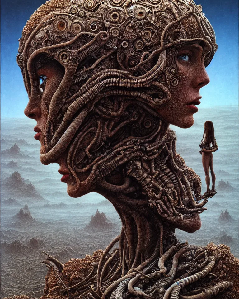 Image similar to ultra realist intricate detailed portrait of a single rugged attractive female on an alien landscape, insanity, accurate features, apocalyptic, very intricate details, 8 k resolution, dim lighting, volumetric lighting, artstyle zdzisław beksinski and keith thompson, award winning