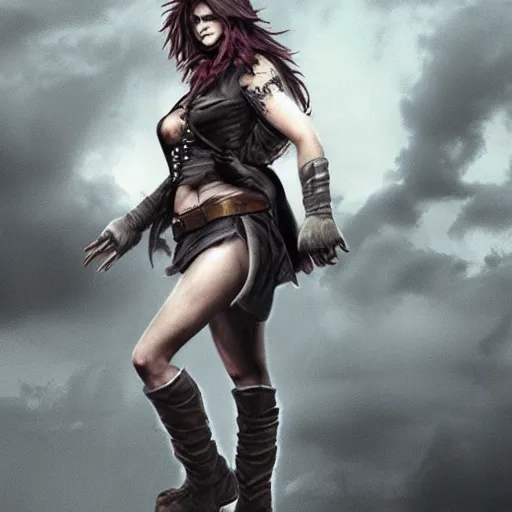 Image similar to a strong young pirate woman in a sleeveless vest, mid twenties, angry, black lines running up her arms like veins, fighting, storm clouds in the background, long dark hair, character art, full body art, Dungeons and Dragons, D&D, trending on artstation, artgerm, 4k ultra hd, sharp focus, digital art by Ilya Kuvshinov and Ross Tran,