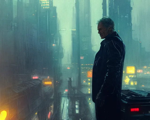 Prompt: 2 0 1 8 blade runner movie still clint eastwood look at the cityscape from roof perfect face fine realistic face pretty face reflective polymer suit tight neon puffy jacket blue futuristic sci - fi elegant by denis villeneuve tom anders zorn hans dragan bibin thoma greg rutkowski ismail inceoglu illustrated sand storm alphonse mucha