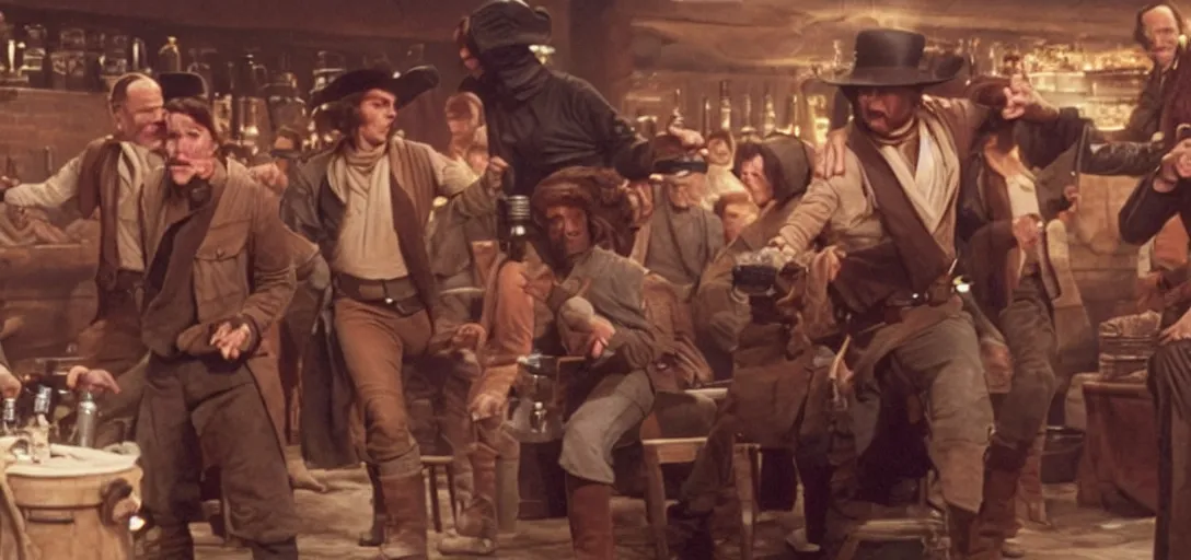 Image similar to a screencap from the cantina scene in the movie star wars of 1 8 7 6