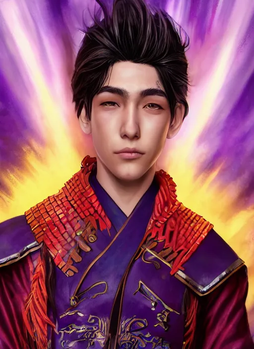 Image similar to An epic fantasy comic book style portrait painting of teenager boy with straight indigo hair, purple eyes with red eye markers, slim body, wearing a detailed Japanese kimono with golden armor details, holding a fan. Unreal 5, DAZ, hyperrealistic, octane render, cosplay, RPG portrait, dynamic lighting