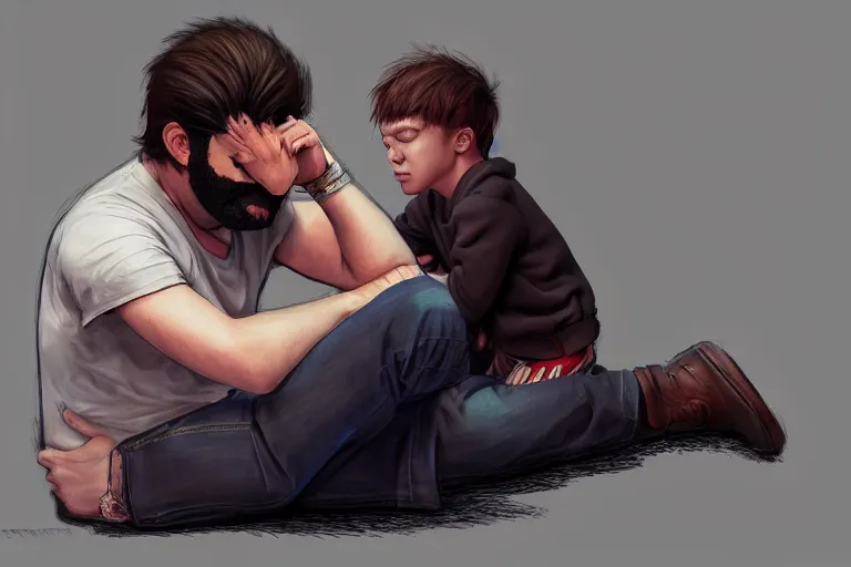 Prompt: hangover man sitting with laptop and sad crying kid staying near the man. high detail, trending on artstation. artgerm