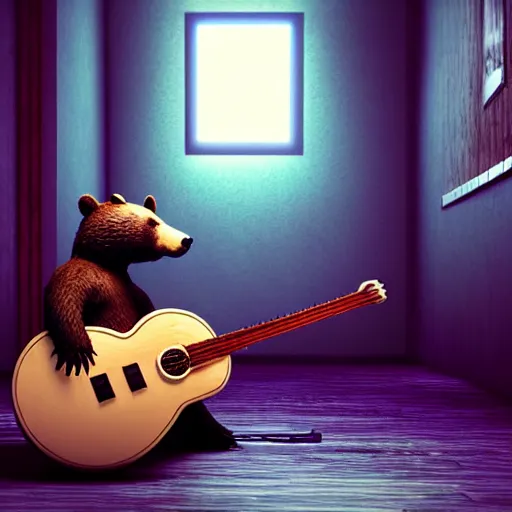 Image similar to realistic bear holding a (wooden triangle + guitar neck + sound hole ) and playing it like a guitar in an abandoned and desecrated hallway in a cyberpunk lab, ultra realistic, concept art, intricate details, eerie, highly detailed, photorealistic, octane render, 8k, unreal engine, art by Vita Wen