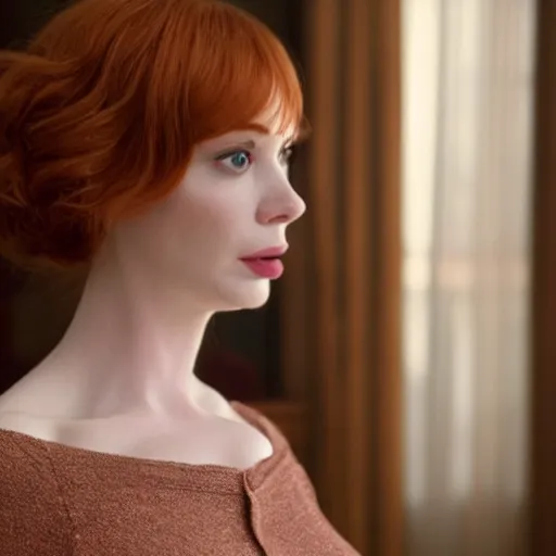 Image similar to amazing beautiful Christina Hendricks with huge puffy lips in the living room, film still from the movie directed by Denis Villeneuve , wide lens