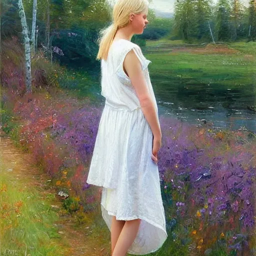 Image similar to blonde woman, nightgown, swedish countryside, archipelago, morning, masterpiece, highly detailed, beautiful, atmospheric, impressionism, painting by Vladimir Volegov