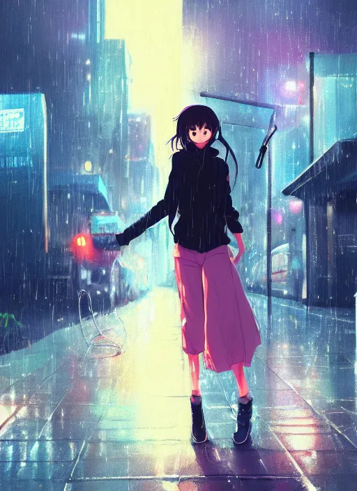 Image similar to listening to music at 2 am, night, pretty girl, pose, rain, lofi, lofi, peaceful, street light, anime key visual, poster, street wears, anime, by wlop, high quality, 4 k, trending, trending on artstation