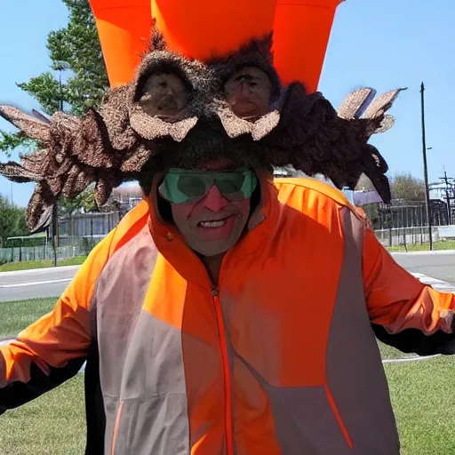 Image similar to ripped physique winged man Norm MacDonald disguised as a mothra whilst wearing a traffic cone hat daniel warren johnson