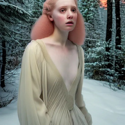 Prompt: photographic portrait of a stunningly beautiful english renaissance female in soft dreamy light at sunset, snowy forest, soft focus, contemporary fashion shoot, in a denis villeneuve and tim burton movie, by edward robert hughes, annie leibovitz and steve mccurry, david lazar, jimmy nelsson, extremely detailed, breathtaking, hyperrealistic, perfect face, octane render