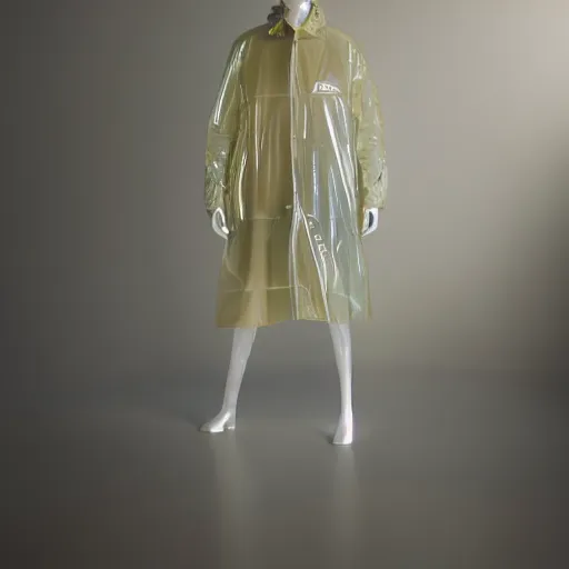 Image similar to an ultra high definition professional studio quality photograph of a transparent iridescent perspex pastel coloured raincoat and head tent on a model in an empty white room. dramatic lighting, ray tracing, refraction, shallow d. o. f, colour corrected, golden ratio, three point light. volumetric shadows. light rays.