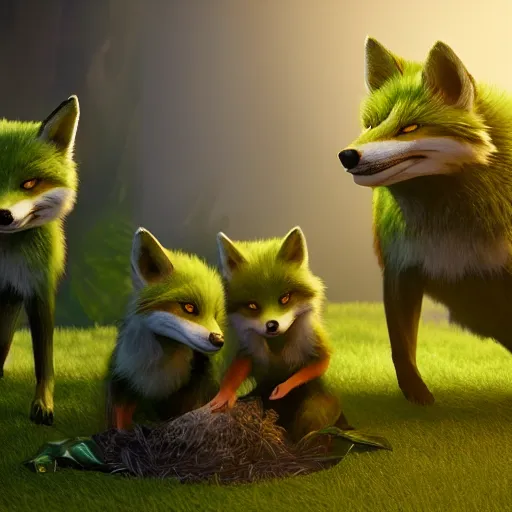 Prompt: A hyper real comic book style portait painting of a smiling green fox giving birth to three youngsters, unreal 5, hyperrealistic, octane render, cosplay, RPG portrait, dynamic lighting