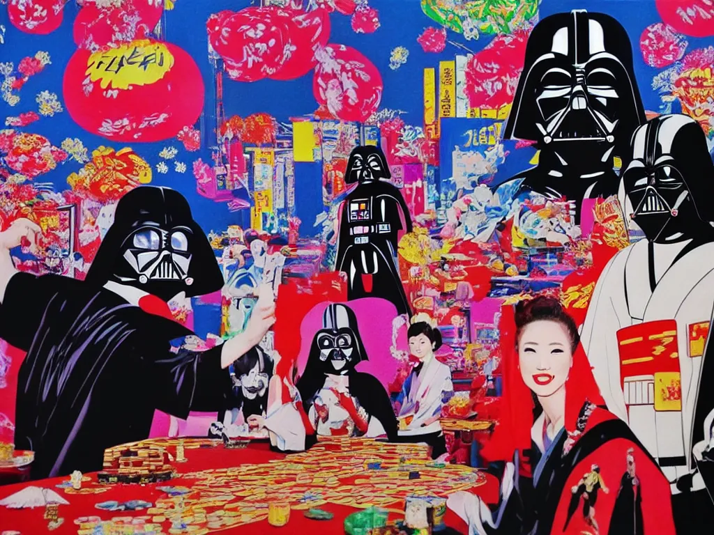 Image similar to hyperrealistic composition, in the middle a woman in a japanese kimono, behind her stands darth vader, in front of her a table from the casino, in the background is mount fuji and fireworks, pop - art style, jacky tsai style, andy warhol style, acrylic on canvas