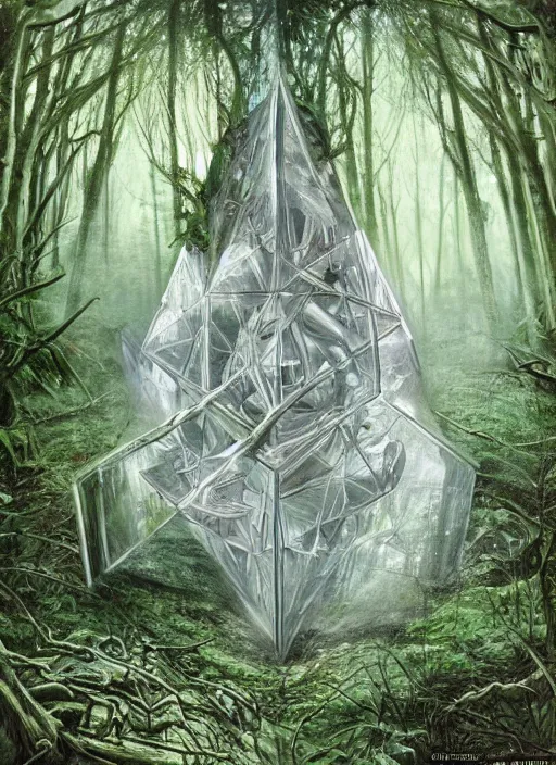 Image similar to a crystal cube in a forest, highly detailed, intricate, concept art, art station, cinematic light, realistic, ethereal light, art by H.R. Giger and sorayama