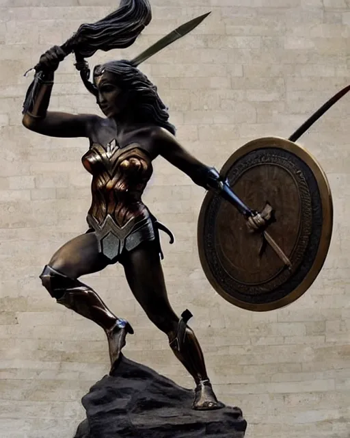 Image similar to a beautiful bronze statue of wonder woman, holding her spear and shield versus the minotaur, photorealistic, atmospheric