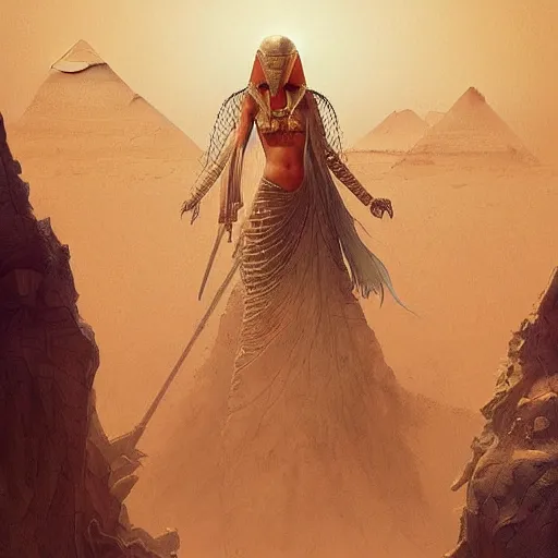 Prompt: “an interdimensional explorer, wandering through the desert, afterlife, Egyptian, D&D, fantasy, intricate, cinematic lighting, highly detailed, digital painting, artstation, concept art, smooth, sharp focus, illustration, art by Artgerm and Greg Rutkowski and Alphonse Mucha”