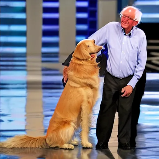 Image similar to bernie sanders hugging a golden retriever on a stage