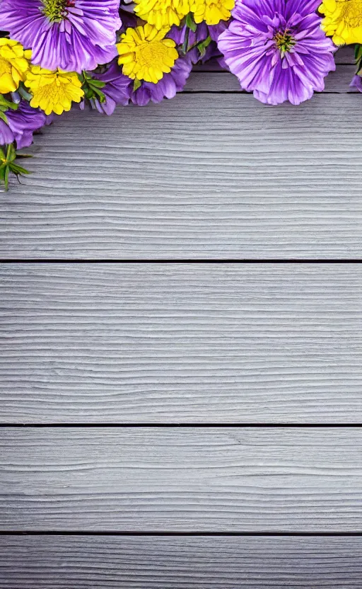 Prompt: bright clean soft background image with soft, light - purple flowers on pale gray rustic boards, background, cottagecore, photorealistic, backdrop for obituary text