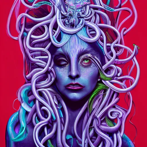 Image similar to an extremely psychedelic portrait of medusa as lady gaga, surreal, lsd, face, detailed, intricate, elegant, lithe, highly detailed, digital painting, artstation, concept art, smooth, sharp focus, illustration,