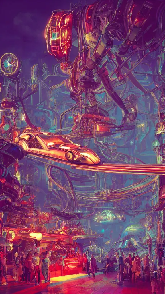 Image similar to concept art, retro - futurist steampunk theme park, imperious, towering rollercoaster, carnival robots, octane render, artstation, dramatic neon lighting, glowing circus motifs, red turquoise accents, bladerunner, by gerald brom, james jean, syd mead, akihiko yoshida, cinematic