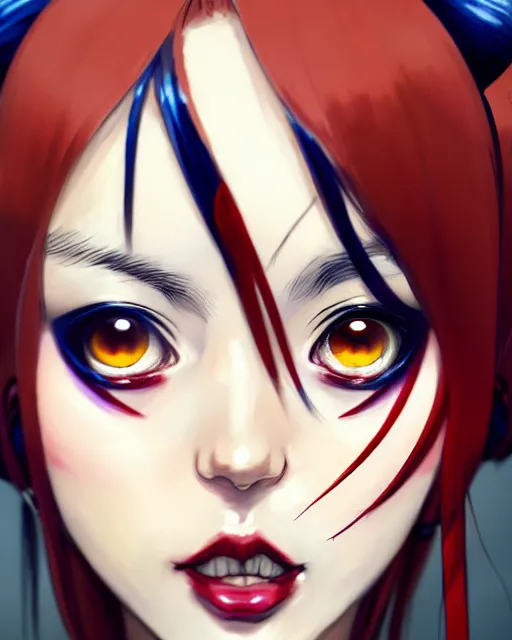 Prompt: portrait Anime girl as harley-quinn cute-fine-face, brown-red-hair pretty face, realistic shaded Perfect face, fine details. Anime. realistic shaded lighting by Ilya Kuvshinov katsuhiro otomo ghost-in-the-shell, magali villeneuve, artgerm, rutkowski, WLOP Jeremy Lipkin and Giuseppe Dangelico Pino and Michael Garmash and Rob Rey black-red reflective contact suit