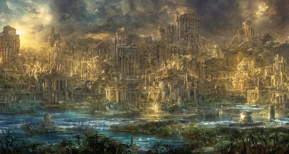 Image similar to ancient city of atlantis with big overgrown buildings in gold, fantasy, magical, cinematic, establishing shot, atmospheric lighting, extremely detailed, intricate, sharp focus, coherent, digital art, realistic