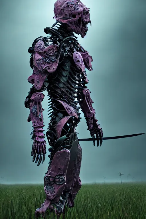 Image similar to hyperrealistic neo - gothic human monster hybrid, exoskeleton armor, fighting with katana, field of pink flowers, highly detailed digital art masterpiece, vitaly bulgarov dramatic dark teal light, ground angle hd 8 k, sharp focus