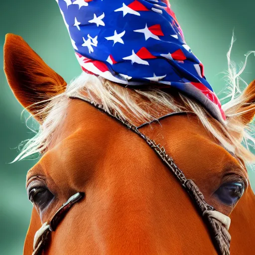 Image similar to close up photograph of very high on weed donald trump horse hybrid, stoner eyes, donald trump horse hybrid smoked weed, weed background, smoking a blunt, 8 k resolution