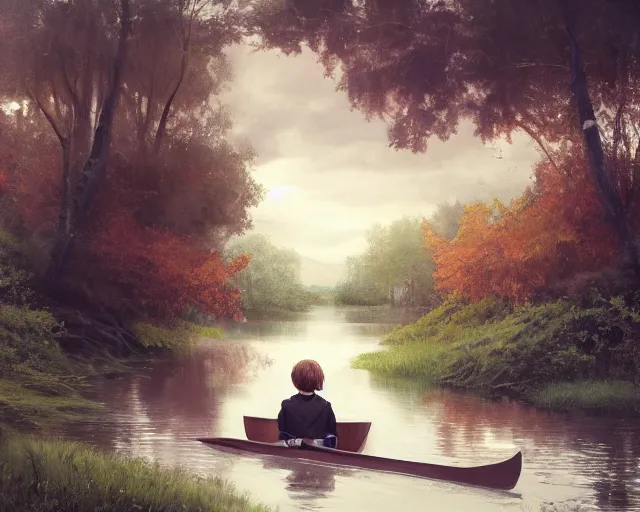 Image similar to a boy and a girl with long flowing auburn hair sitting together on the rowboat. Boy has black short hair, boy has black short hair. Atmospheric lighting, long shot, romantic, boy and girl are the focus, trees, river. Oil Painting, Trending on Artstation, octane render, Insanely Detailed, 8k, HD