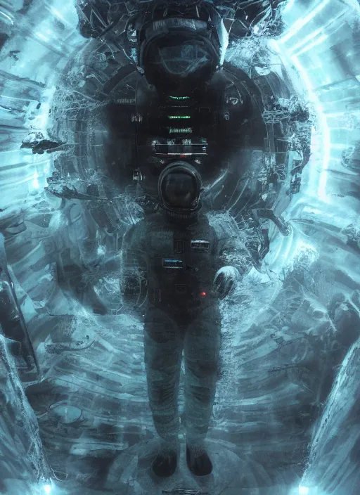 Image similar to astronauts in dark and empty void underwater - complex and hyperdetailed technical suit. reflection and dispersion materials. rays and dispersion of light. volumetric light. 5 0 mm, f / 3 2. noise film photo. flash photography. ultra realistic, wide angle. poster by wayne barlowe, hajime sorayama aaron horkey, craig mullins