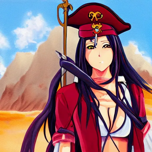 Image similar to Painting of a female anime pirate captain in the middle of a desert