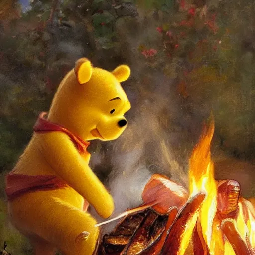 Image similar to close up of winnie the pooh cooking a whole hog roast over a fire, cinematographic shot, by daniel f. gerhartz