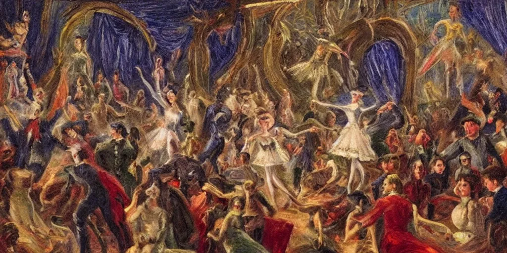 Image similar to an audience full of tall terrifying aliens at the ballet. In the victorian era. in the style of an impressionist painting.