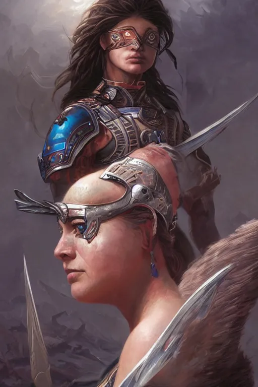 Prompt: a portrait of a strong female warrior by Ross Tran and Thomas Cole and Wayne Barlowe