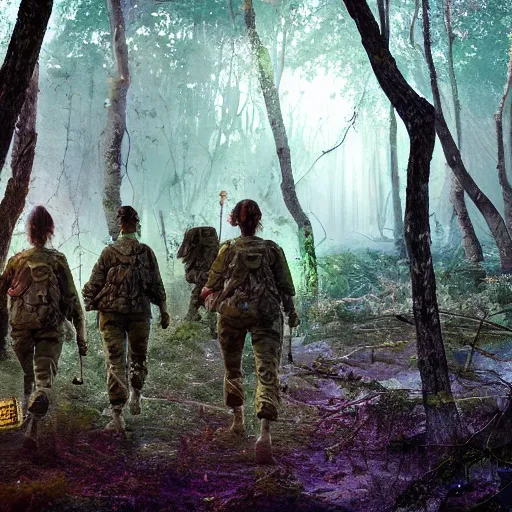 Image similar to group of female soldiers, searching through iridescent woods, makeshift camp, aerial photography, eerie, beautiful, stunning, intricate detail, cinematic, unreal engine, concept art, photorealism