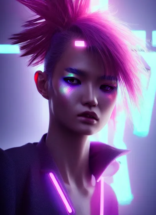 Image similar to photorealistic portrait of oriental female humanoid, wind blowing hair, cyber neon lights, highly detailed, cyberpunk high fashion, elegant, crispy quality, trending in artstation, trending in pinterest, glamor pose, no signature, no watermark, cinematic, art by pascal blanche