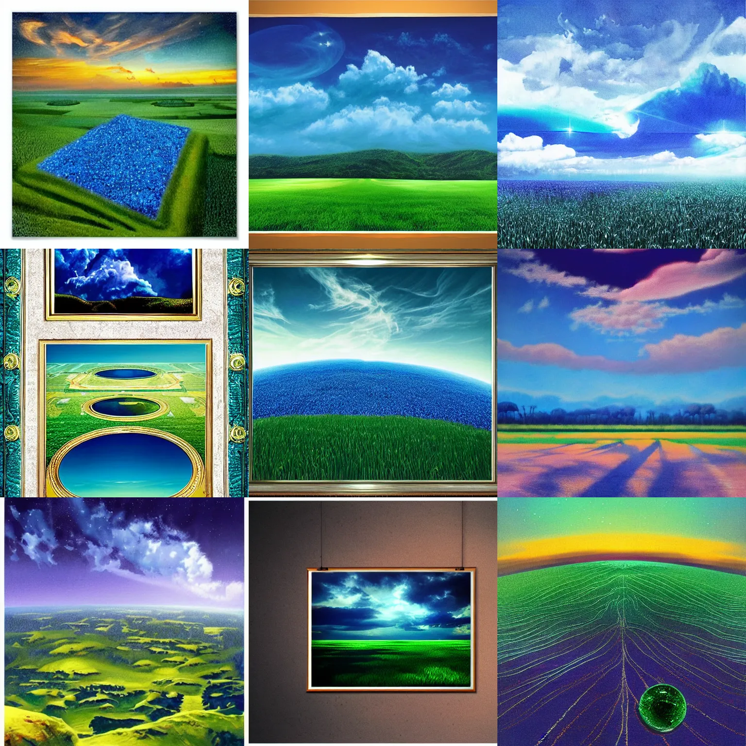 Prompt: a sapphire field, a emerald sky, surreal poster art