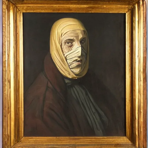 Image similar to a portrait of a man wearing a long dark cloak, hood and shadows covering face, oil painting, high detail