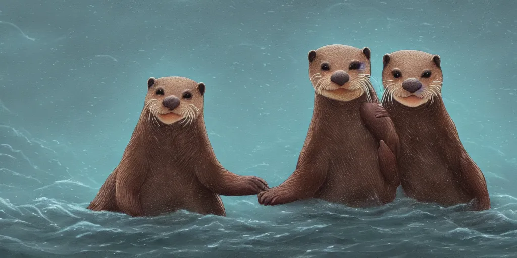 Image similar to Two adorable otters falling in love holding hands side by side, all alone in the middle of a scary storm at sea, fantasy illustration, cinematic, award winning, romantic, detailed trending on artstation, masterpiece