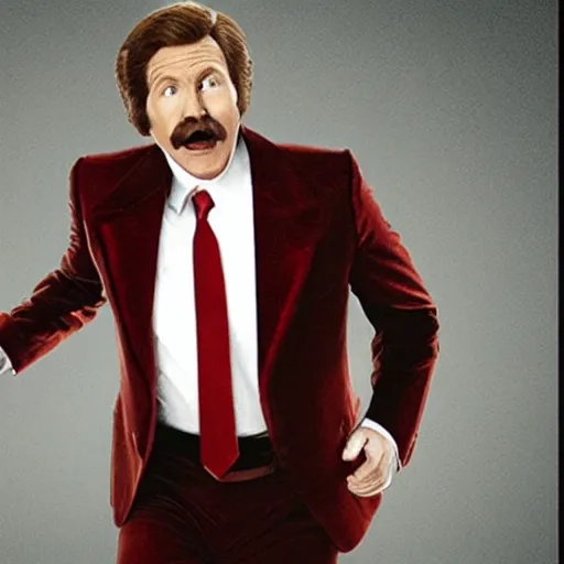 Image similar to a movie still of Alex Trebeck as Ron Burgundy in the movie Anchorman