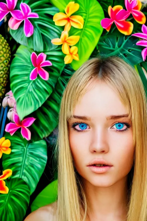 Image similar to an attractive girl is surrounded by colourful tropical flowers and plants, symmetric face and eyes, upper body face shot, long straight blonde hair, visible face