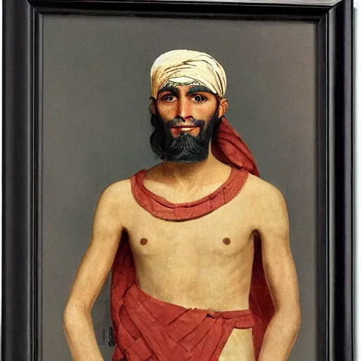 Prompt: Middle-eastern skinned man with ancient Canaanite clothing by Normal Rockwell