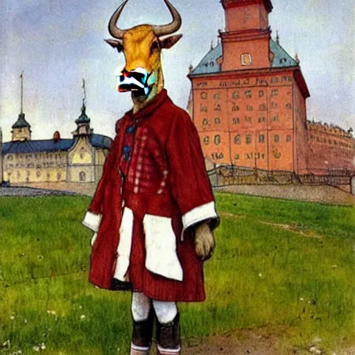 Image similar to painting by carl larsson, cow, dressed, anthropomorphic!!, wearing!!! clothes!!!, standing next to royal castle!!!