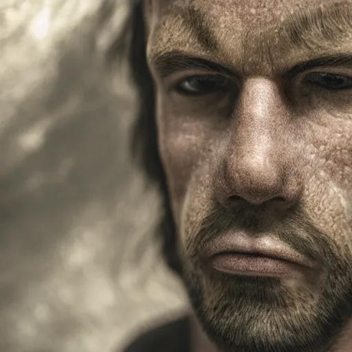 Prompt: portrait close up of a man with a very square and large jaw, his face lines are harsh, he he is shaved but long black hair, he looks like a cave man bronze, soft lighting, rough lines, matte painting