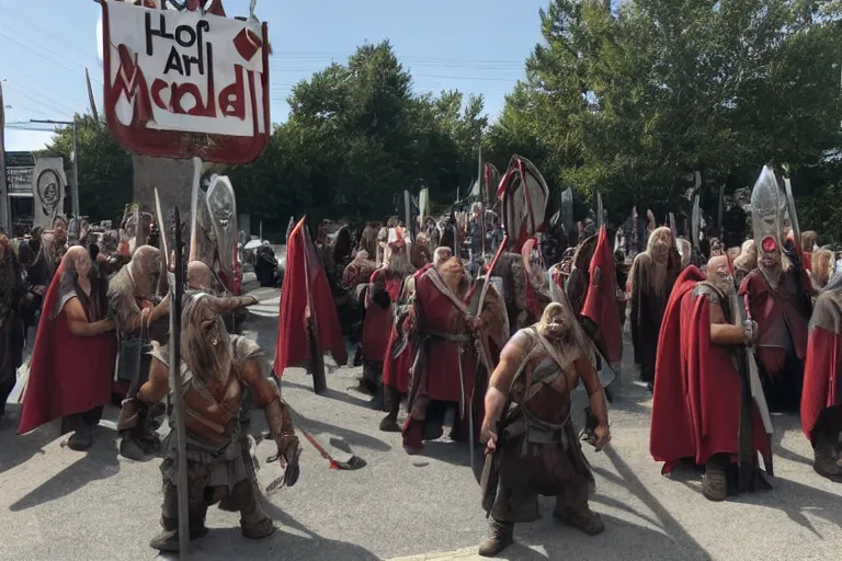 Image similar to cellphone photograph of lord of the rings uruk - hai and orcs protesting the working conditions at a mcdonalds parking lot in the daylight. dirty mcdonalds uniforms, aprons. picket signs and battleaxes in hand