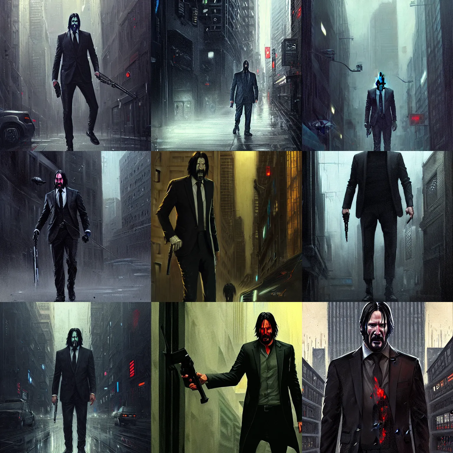 Prompt: an angry john wick facing a giger alien in the city streets, detailed digital painting by greg rutkowski and raymond swanland