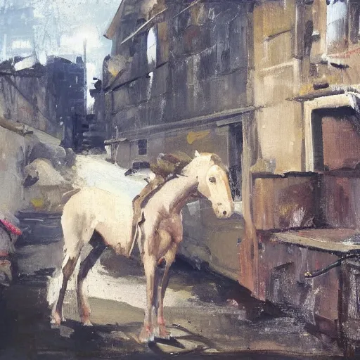 Image similar to painting of a man on a horse in a Dublin alleyway, painted by George Bellows, 1905
